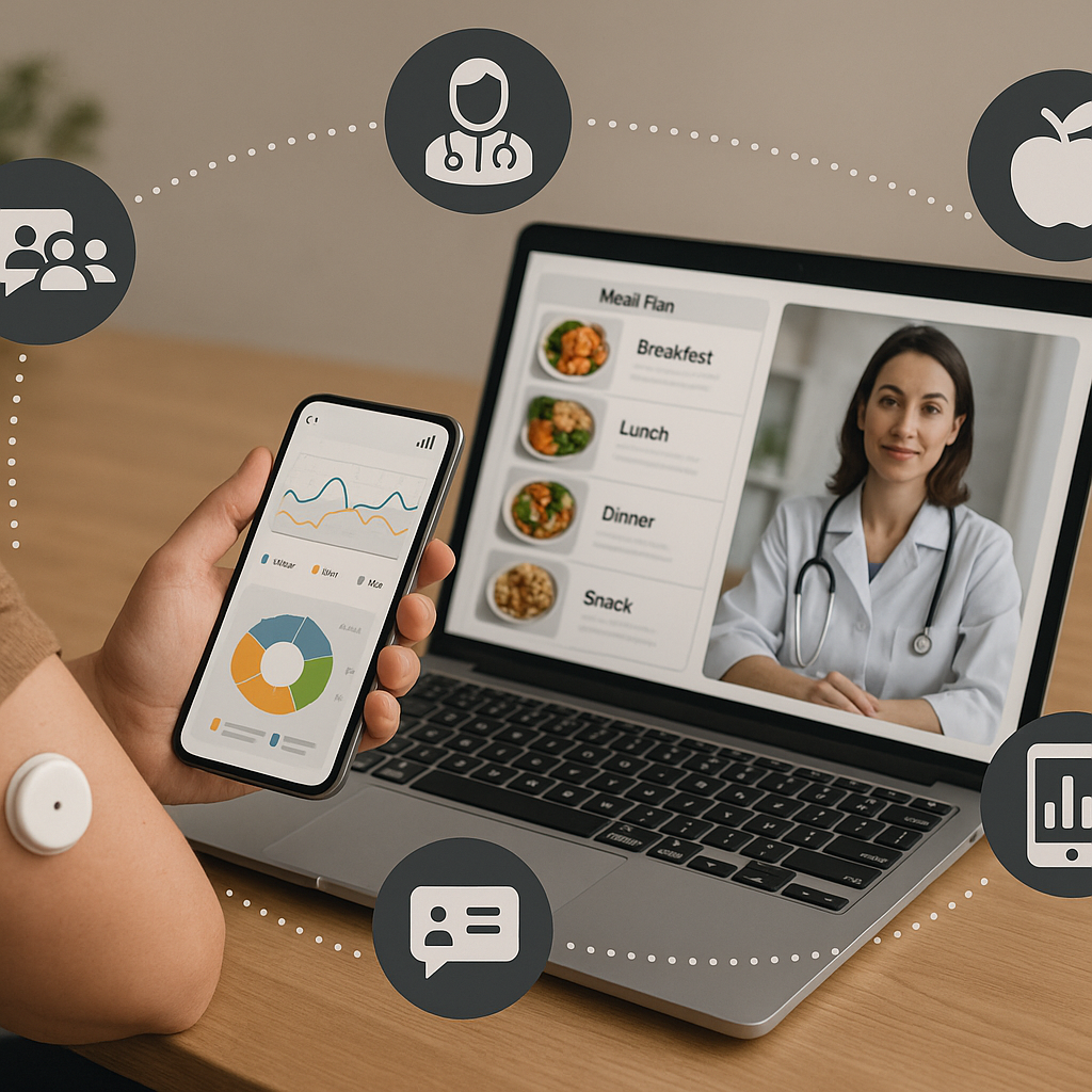 Person with diabetes using digital health tools, symbolizing support from diabetes charities and virtual care networks.