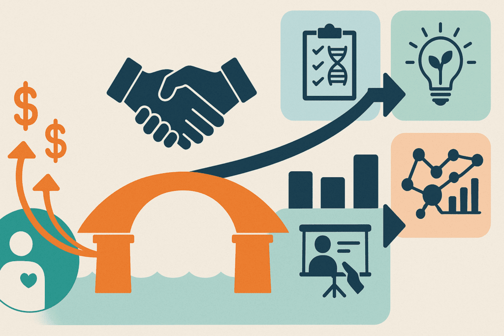 Infographic-style illustration showing how diabetes charities fund clinical trials, biotech innovation, public education, and data platforms through abstract icons of money flow, partnerships, and research outcomes.