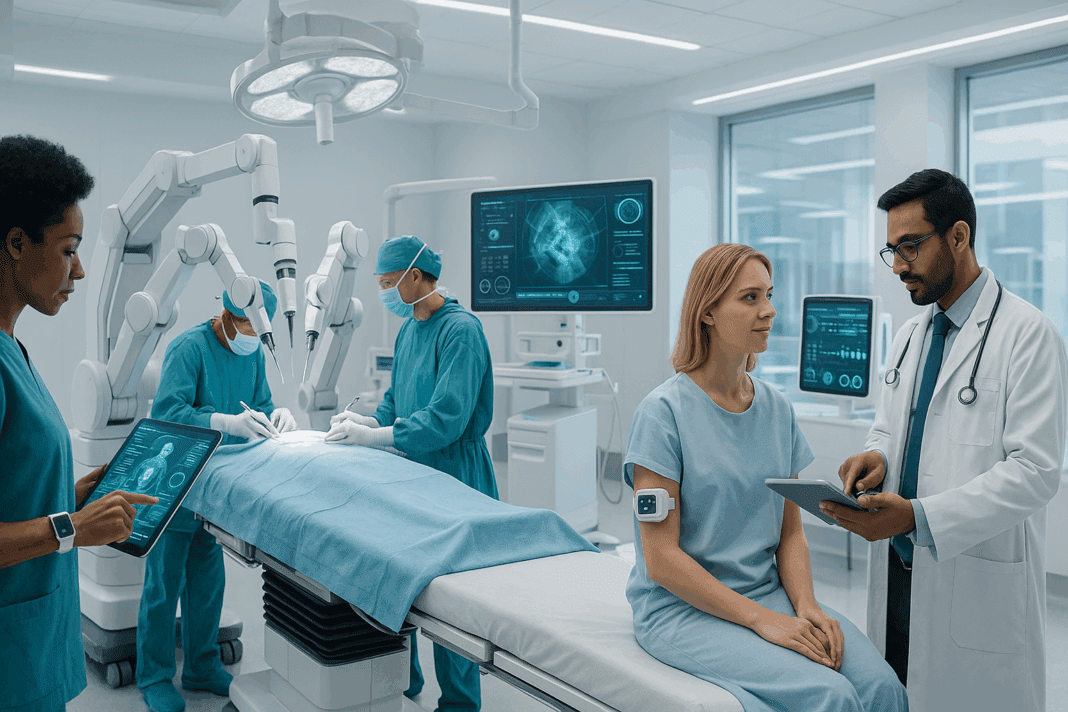 Doctors using recent medical technology like robotic surgery and AI monitoring in a futuristic hospital setting