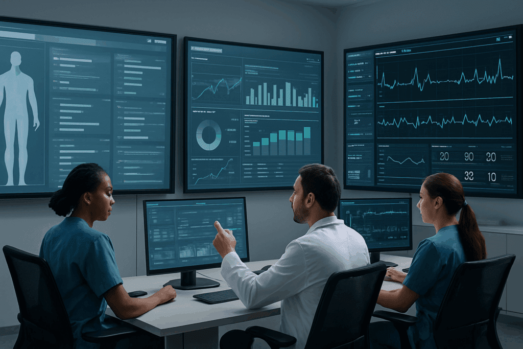 Medical professionals analyzing real-time patient data on digital dashboards in a clinic using recent medical technology