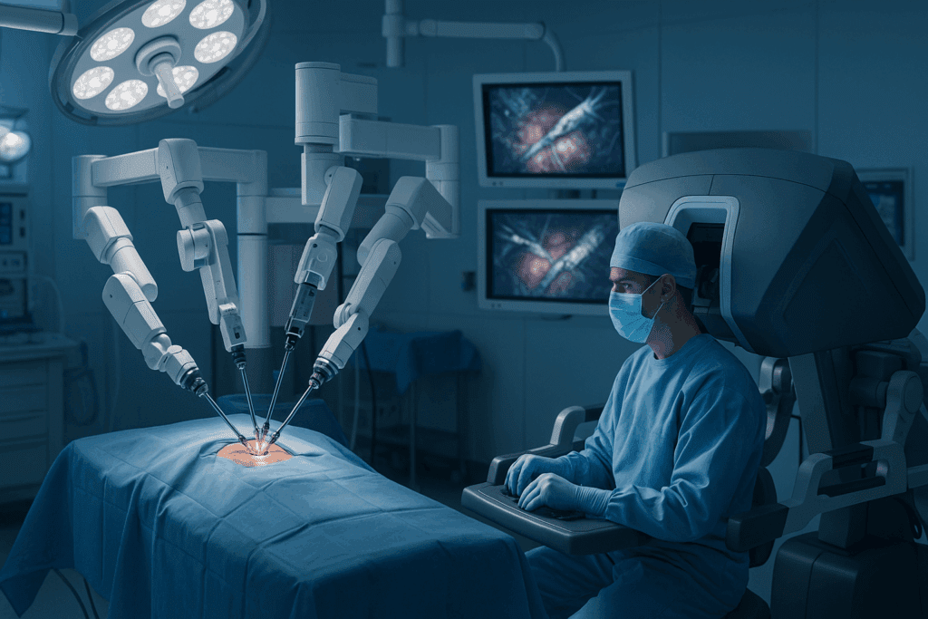 Surgeon operating a robotic surgical system in a high-tech OR, showcasing recent medical technology in minimally invasive procedures.