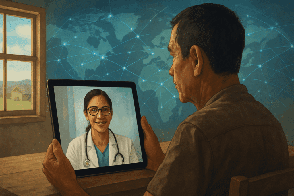 Elderly man in a rural home using a tablet for a virtual doctor consultation, highlighting recent medical technology bridging healthcare gaps.