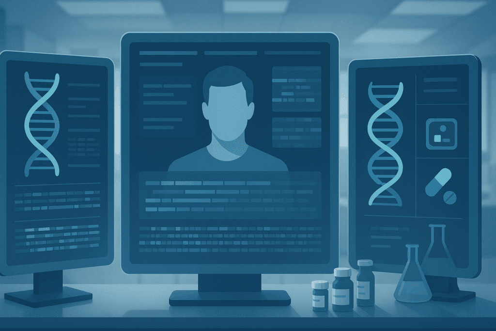 Digital interface in a lab showing patient DNA analysis and personalized treatment plans using recent medical technology