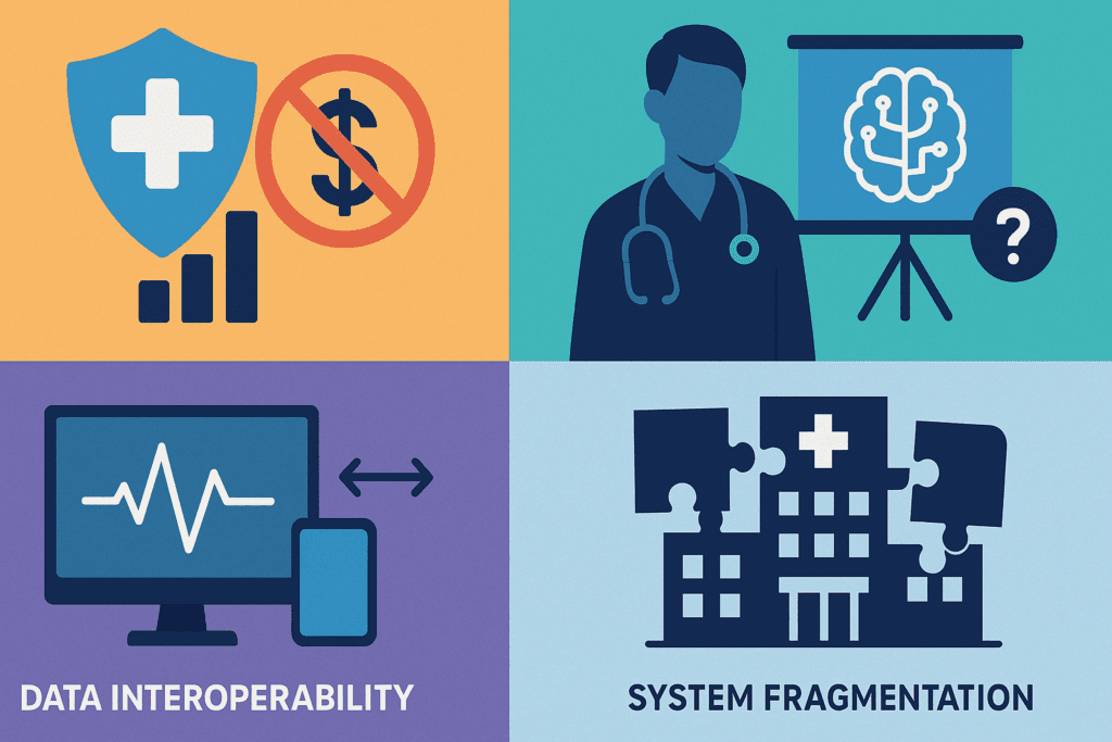 Infographic illustrating challenges of recent medical technology adoption, including cost, workforce training, data issues, and system fragmentation.
