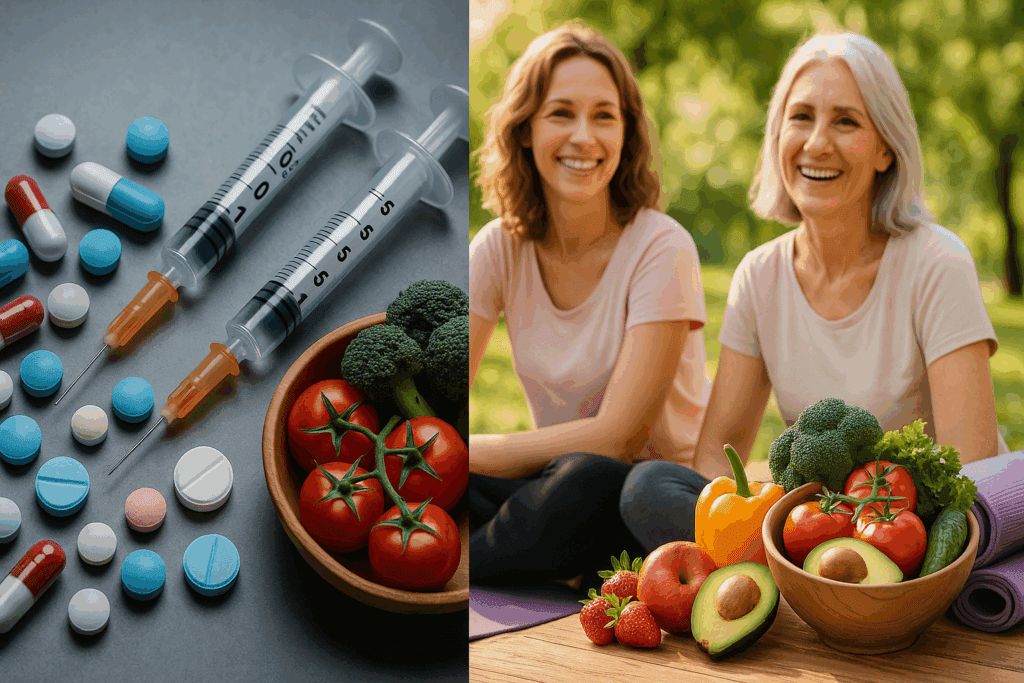 Visual comparison of diabetes care showing pills and syringes on one side, and fresh produce, yoga mats, and smiling women outdoors on the other, symbolizing alternative treatment options for diabetes type 2.