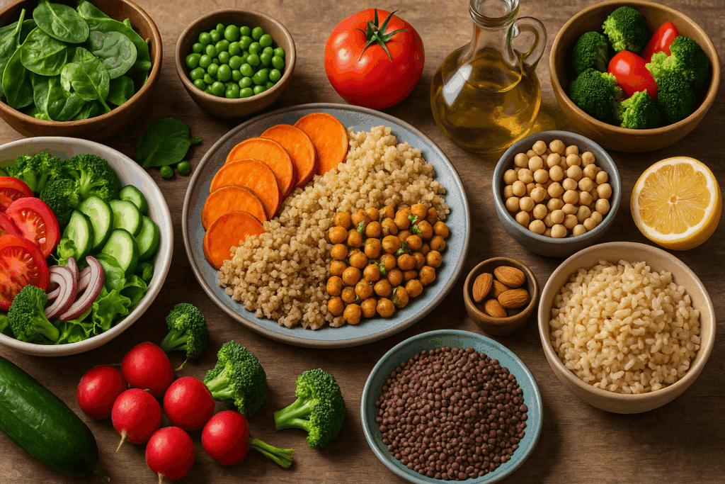 Colorful Mediterranean meal with vegetables, legumes, grains, and olive oil on rustic wood, illustrating alternative treatment options for diabetes type 2.