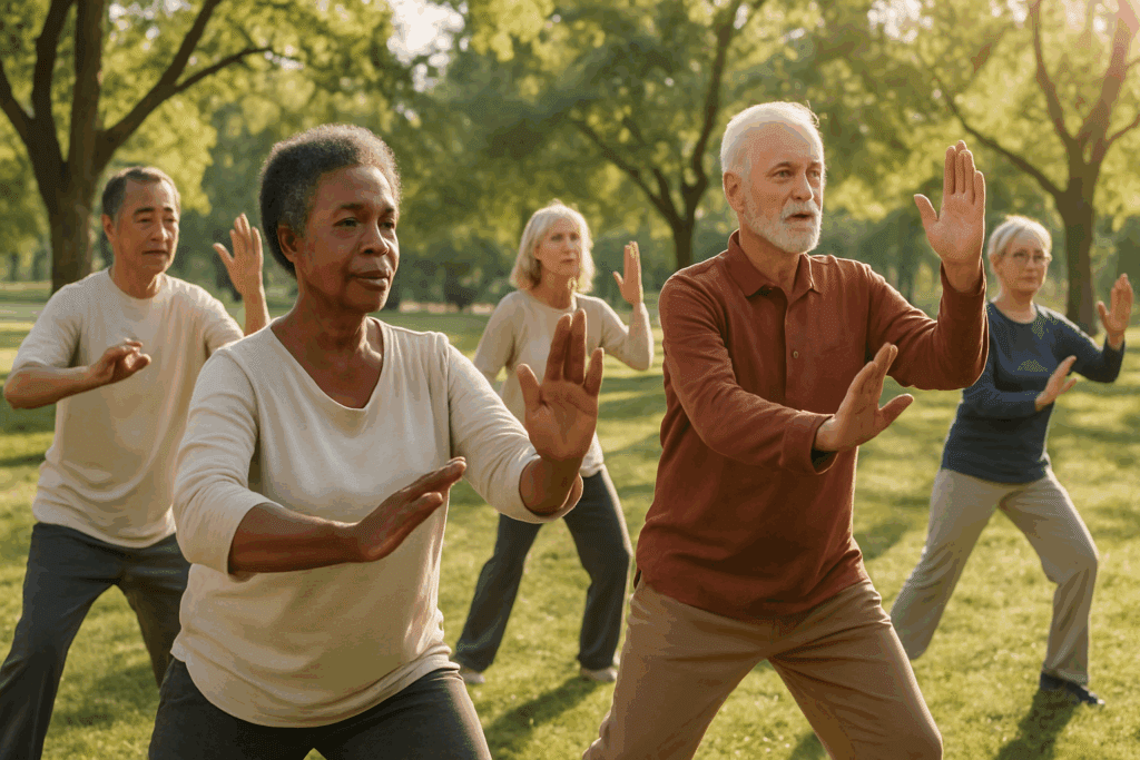 Older adults practicing tai chi in a sunny park as part of community-based alternative treatment options for diabetes type 2