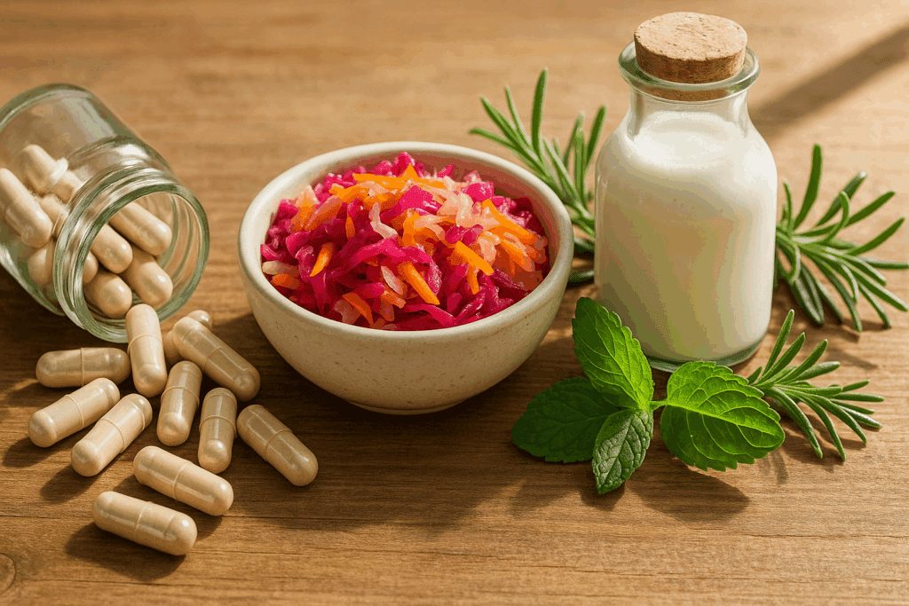 Probiotic capsules, kefir, sauerkraut, and fresh herbs on wood table representing alternative treatment options for diabetes type 2