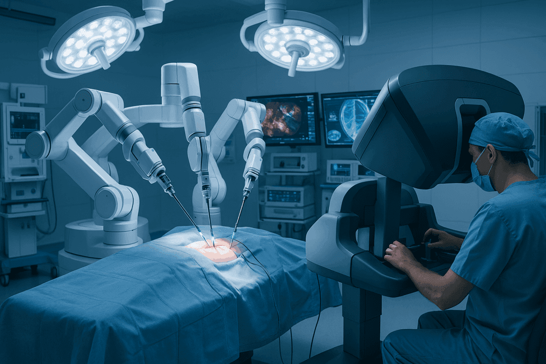 Multi-armed robotic system performing minimally invasive surgery in a high-tech operating room—one of many real-world robotic surgery examples.