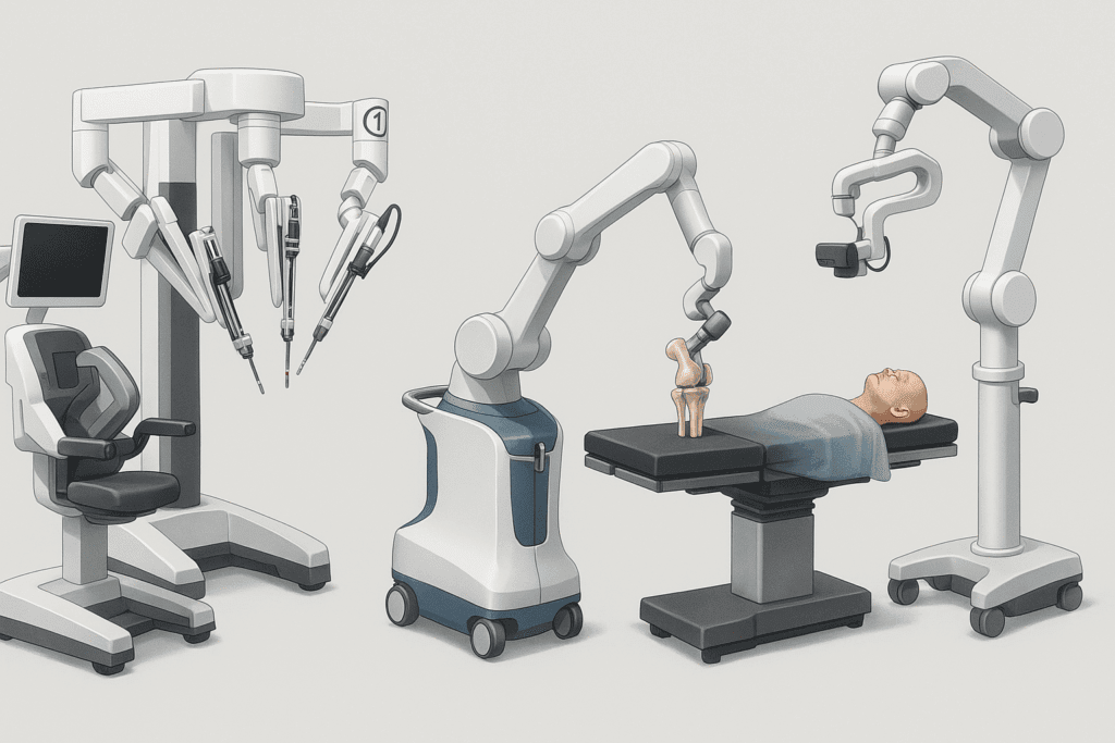 Three robotic surgery examples including a laparoscopic system with console, orthopedic arm for knee procedure, and neurosurgical robot in action