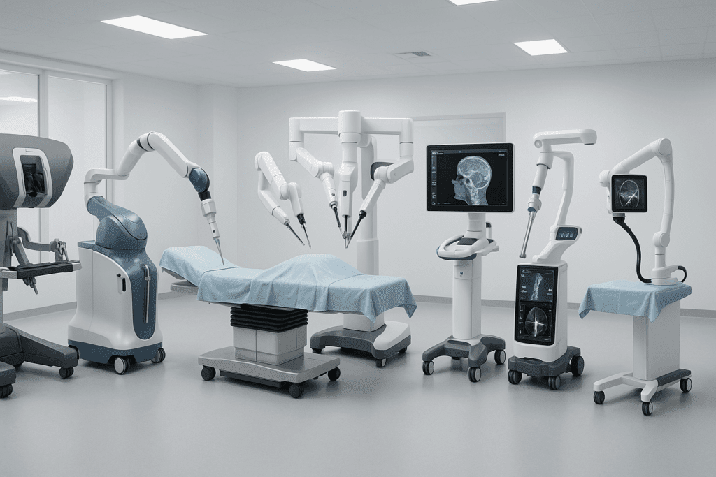 Modern surgical lab showcasing robotic surgery examples including da Vinci, MAKO, ROSA, ExcelsiusGPS, and Monarch systems in clinical use