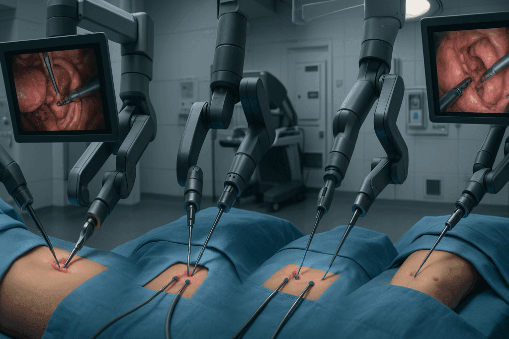 Robotic surgery examples showing robotic arms performing minimally invasive procedures in prostate, mitral valve, colorectal, and pediatric surgeries