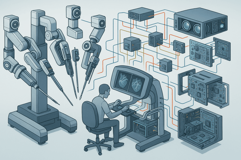 Exploded diagram of robotic surgery examples showing internal components like articulated arms, control console, sensors, and 3D vision systems