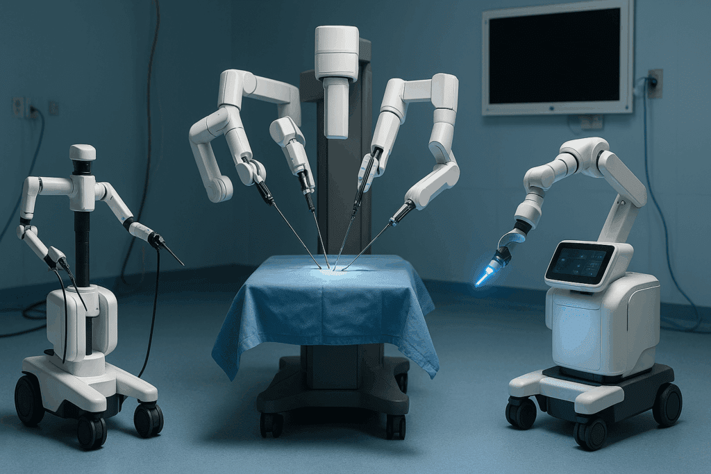 Robotic surgery examples showing advanced surgical robots Versius, REVO-I, and STAR performing simulated procedures in a high-tech operating room