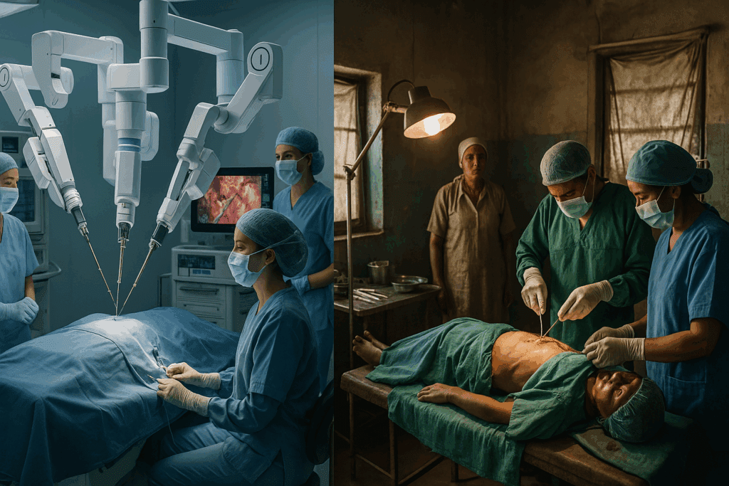 Split-scene showing robotic surgery examples in a modern hospital beside a basic rural operating room, highlighting healthcare disparities