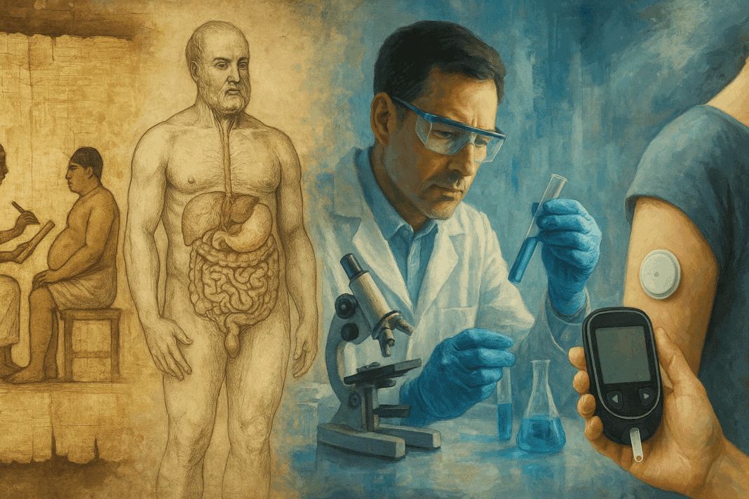 Artistic timeline collage tracing the history of type 2 diabetes, from ancient medical scrolls to modern glucose monitors.