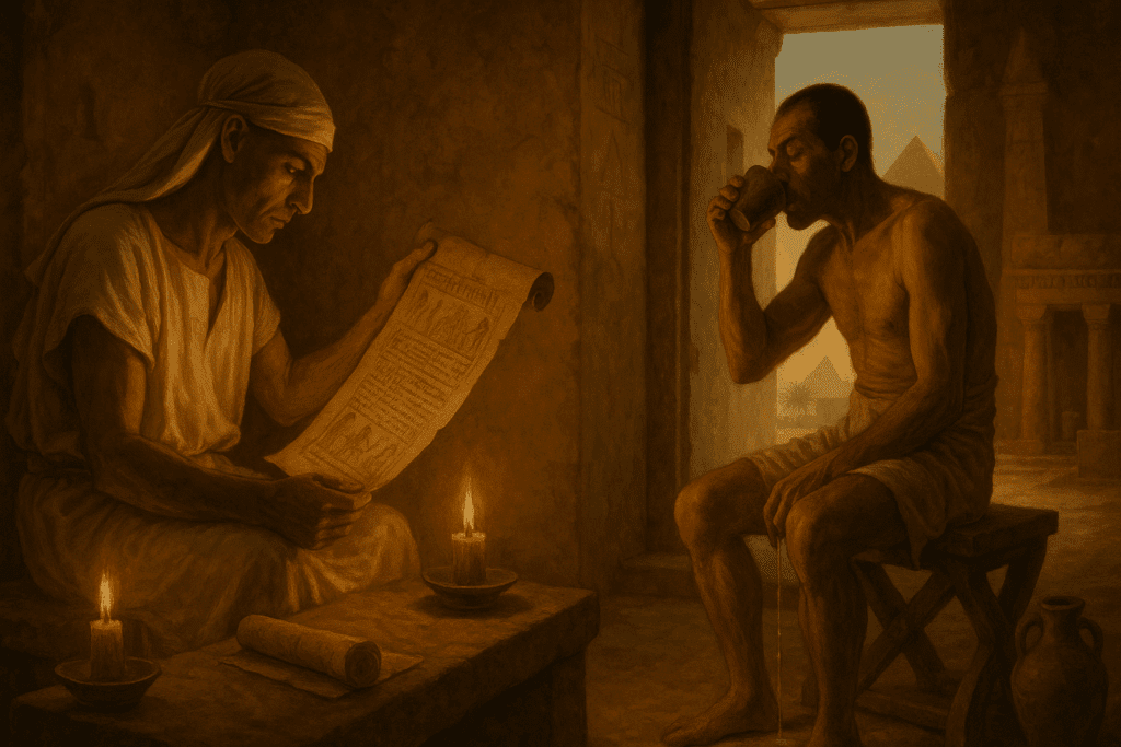 Ancient Egyptian healer studying a scroll beside a patient showing early symptoms linked to the history of type 2 diabetes, in a candlelit chamber.