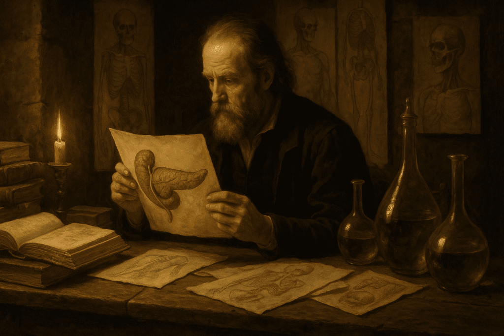 Renaissance anatomist studying an early pancreas diagram by candlelight, symbolizing the roots of medical science and the history of type 2 diabetes.