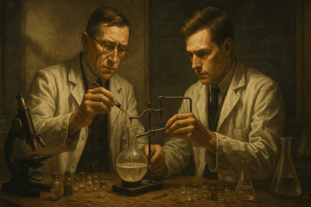 Frederick Banting and Charles Best extracting insulin in a 1920s lab, a milestone in the history of type 2 diabetes treatment.