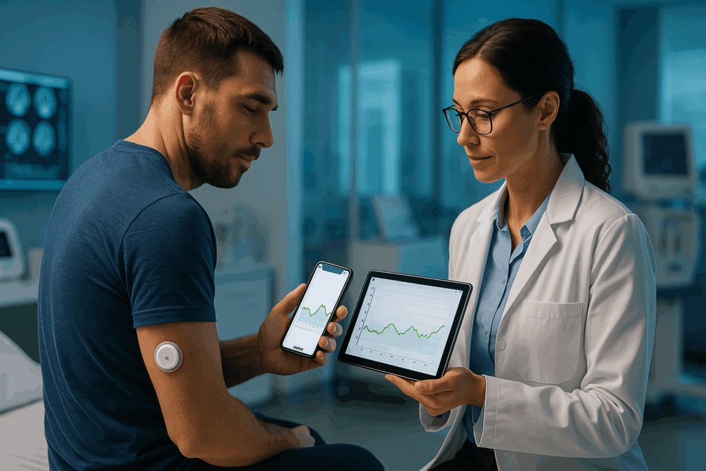 Doctor reviewing glucose data on a tablet while patient uses a continuous monitor, illustrating modern care in the history of type 2 diabetes