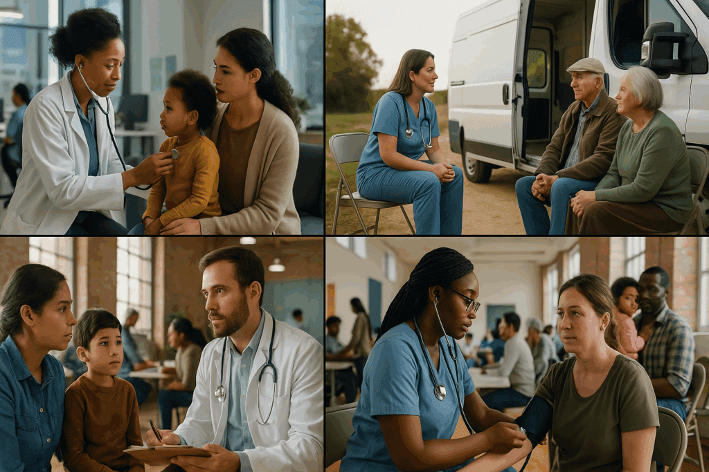 Diverse families and healthcare providers in community clinics and outreach settings, illustrating access disparities and the lived experience shaped by the history of type 2 diabetes.