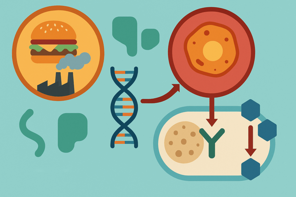 Stylized infographic visualizing the history of type 2 diabetes through genetic factors, beta-cell function, insulin signaling, and environmental triggers