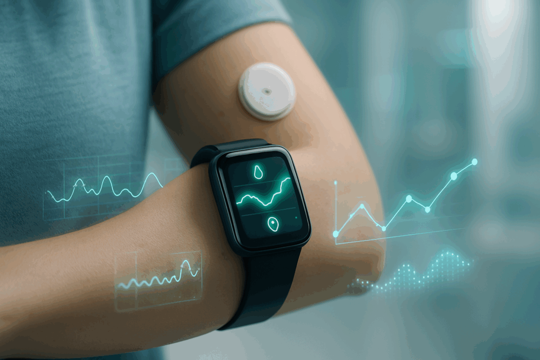 Close-up of a person using diabetic watches with glowing digital blood sugar metrics in a futuristic medical setting