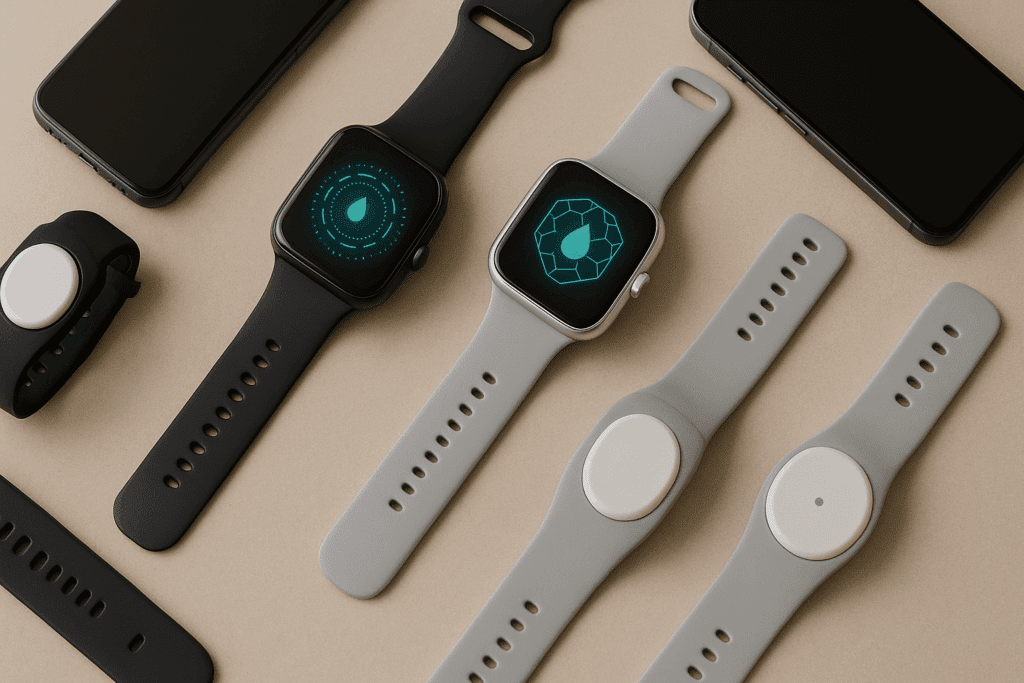 Flat-lay display of diabetic watches and glucose monitoring wristbands alongside smartphones on a neutral background, highlighting smart sensors and connectivity features.