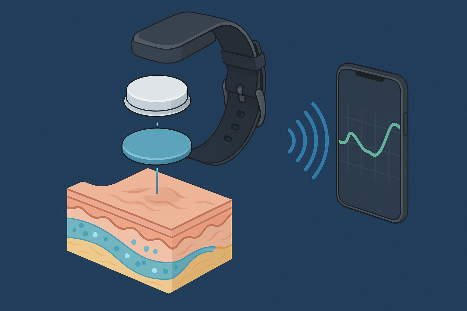 Exploded diagram of diabetic watches showing layered components like glucose sensor, skin contact point, transmitter, and wireless data sync to smartphone