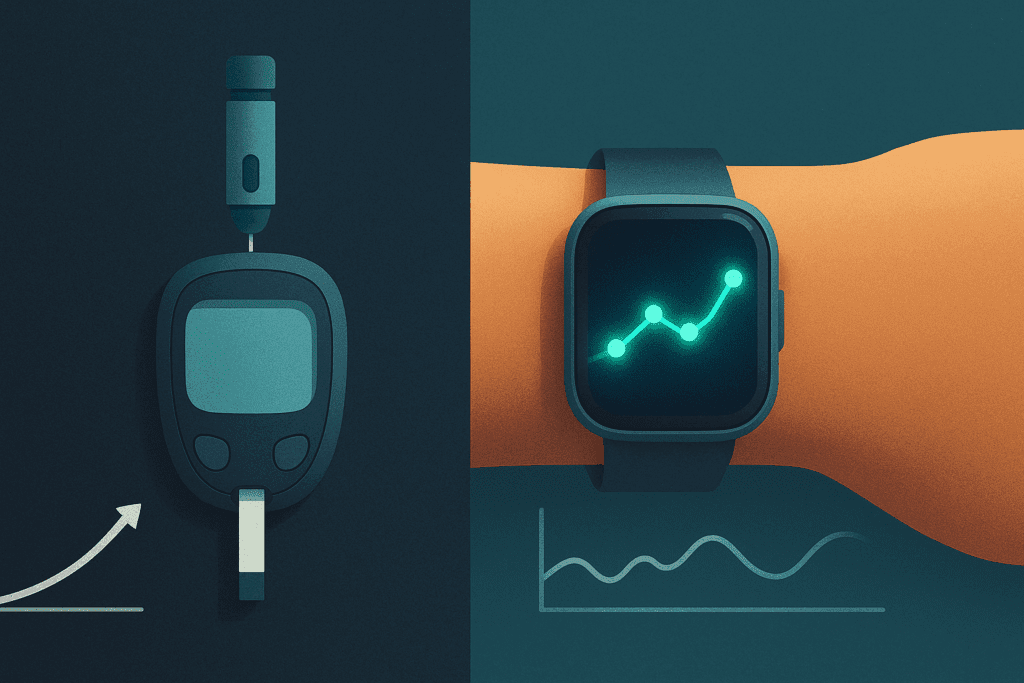 Side-by-side comparison of a fingerstick glucose meter and wrist-worn diabetic watches showing instant versus continuous blood sugar monitoring