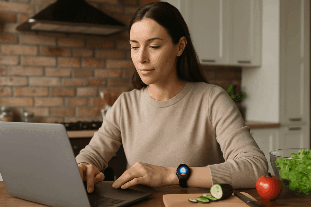 Woman slicing vegetables at a kitchen counter while working on a laptop, wearing one of the latest diabetic watches with a glowing alert display.