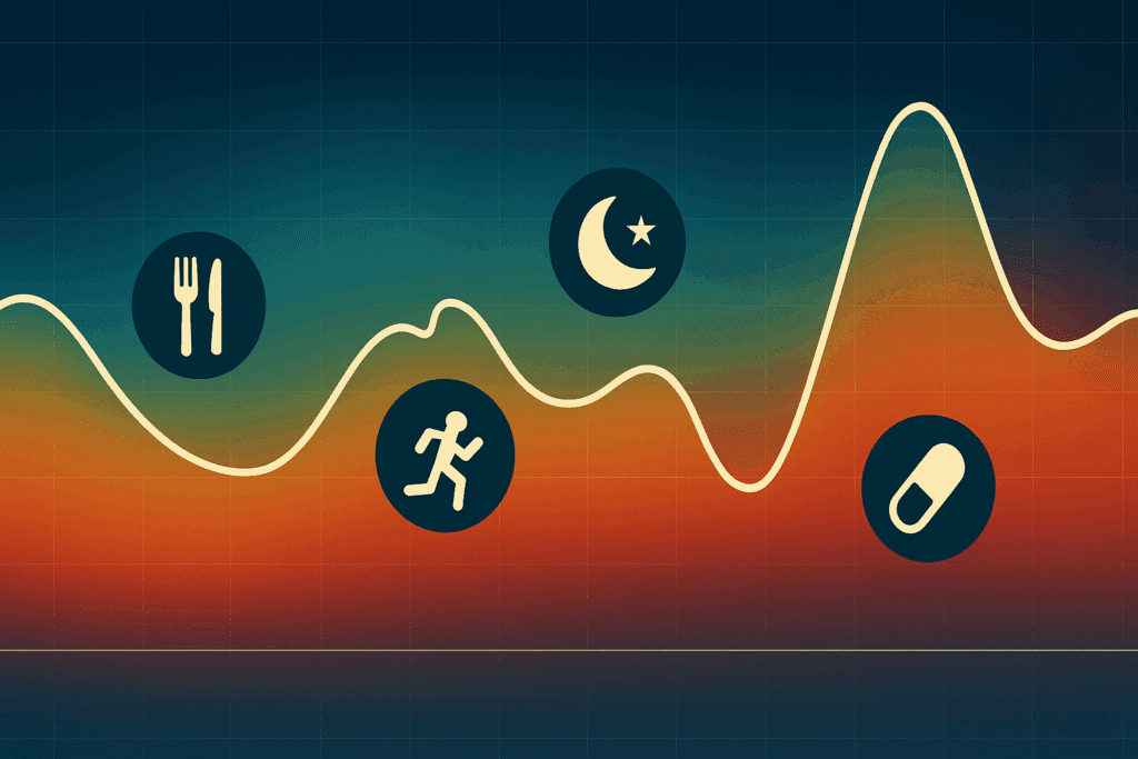 Visual timeline of glucose fluctuations with diet, exercise, sleep, and medication icons, illustrating concepts tracked by diabetic watches