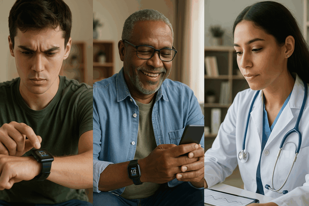 Young man checking diabetic watch, older man smiling at smartphone synced with diabetic watch, and doctor reviewing glucose trends on a tablet.