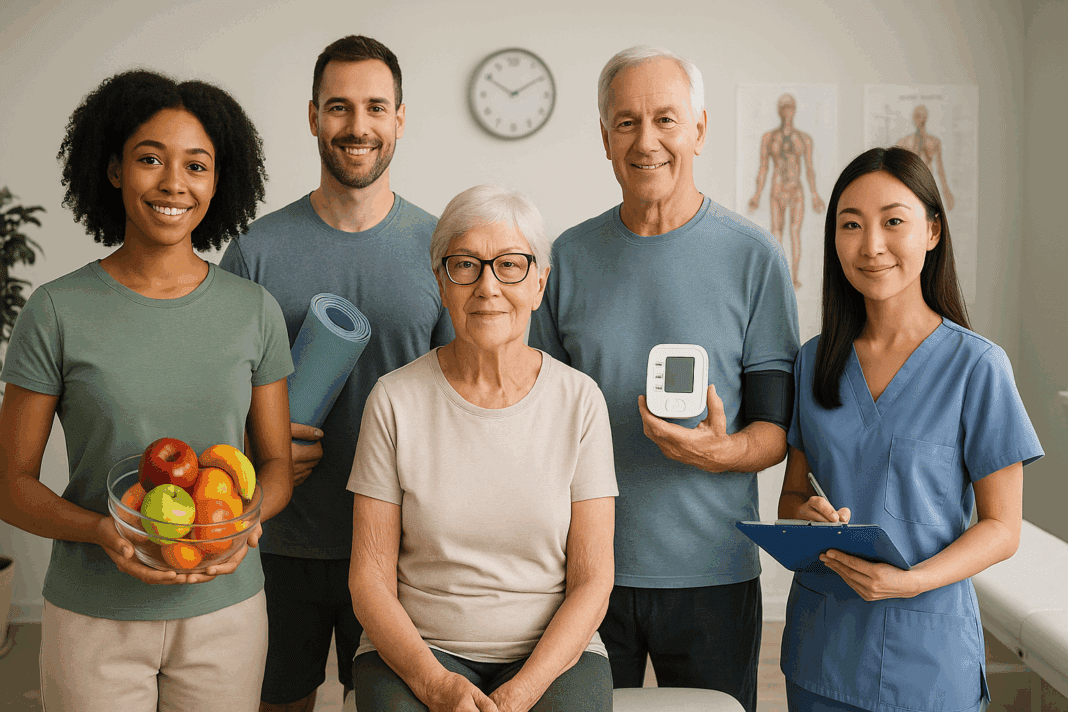 iverse adults aged 20s to 70s in a medical clinic setting symbolizing health habits and the average age of type 2 diabetes diagnosis