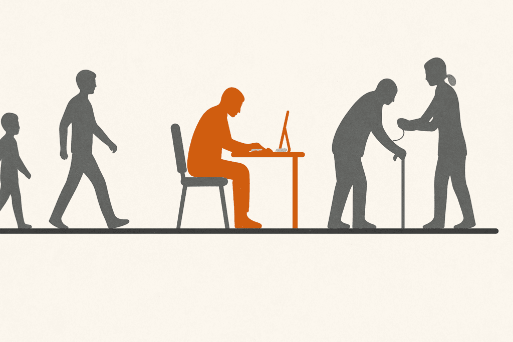 Conceptual timeline illustrating life stages from youth to old age with visual emphasis on middle age, highlighting the average age of type 2 diabetes diagnosis.
