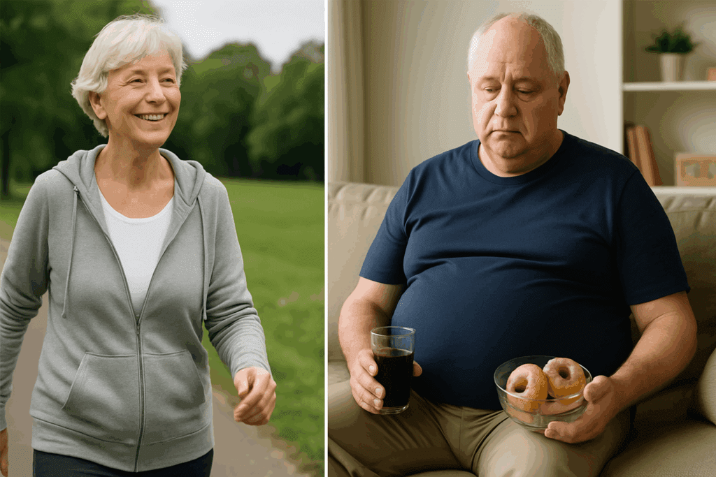 Split-screen showing lifestyle contrast relevant to the Average Age of Type 2 Diabetes Diagnosis—active older woman walking outdoors versus sedentary older man with sugary snacks indoors