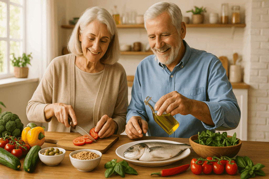 Elderly couple preparing Mediterranean meal with vegetables, fish, and olive oil, illustrating the average age of type 2 diabetes diagnosis lifestyle factors.
