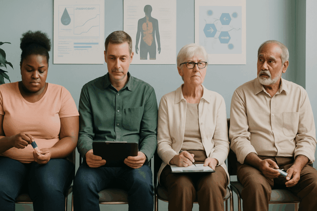 Diverse patients of various ages and ethnicities seated in a medical waiting room, symbolizing variation in the average age of Type 2 diabetes diagnosis.