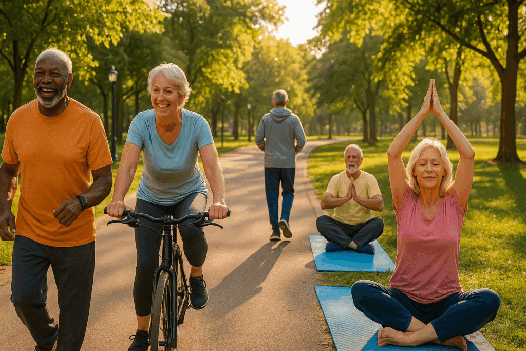 Older adults walking, cycling, and practicing yoga in a park, promoting healthy aging and delaying the average age of Type 2 diabetes diagnosis.