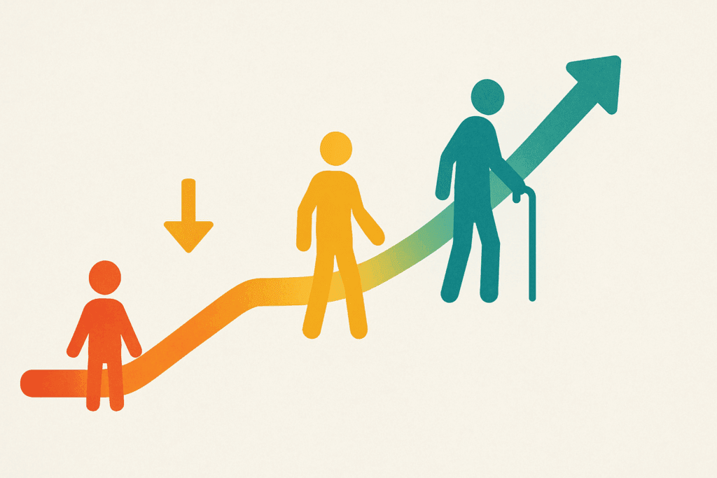 Color-coded infographic showing shifting silhouettes of age groups over time to depict trends in the average age of type 2 diabetes diagnosis.