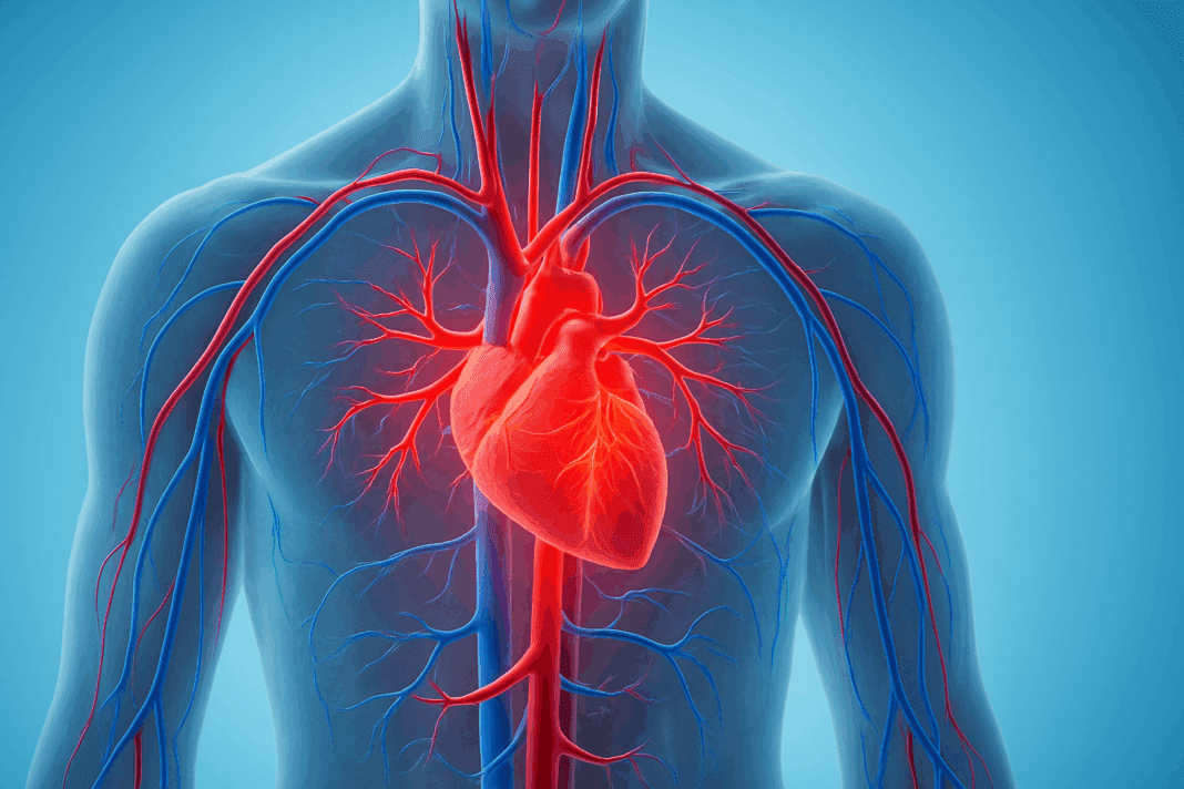 Highly detailed digital illustration showing how blood pressure and blood flow are related through glowing red arteries and blue veins inside a semi-transparent human torso.