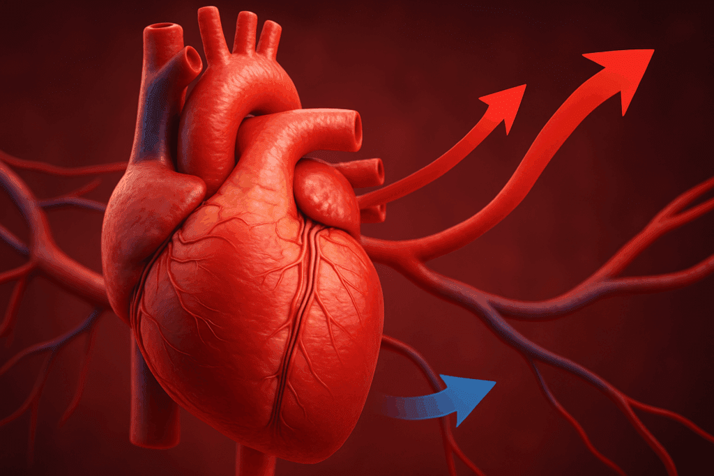 3D-rendered human heart pumping blood into arteries with arrows illustrating how blood pressure and blood flow are related.