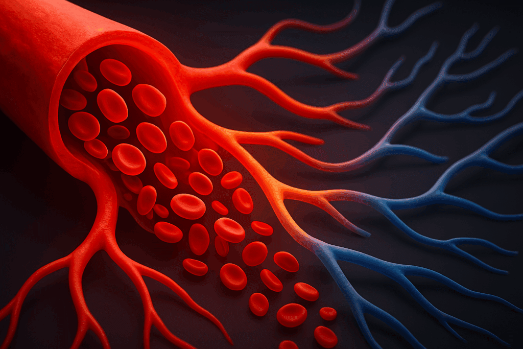 Blood flowing from a high-pressure artery into smaller vessels with color gradients illustrating how blood pressure and blood flow are related