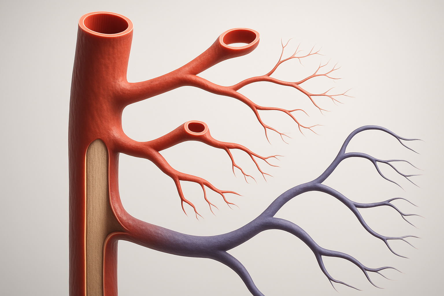 3D illustration showing how blood pressure and blood flow are related through arteries, arterioles, capillaries, venules, and veins with different wall thicknesses.