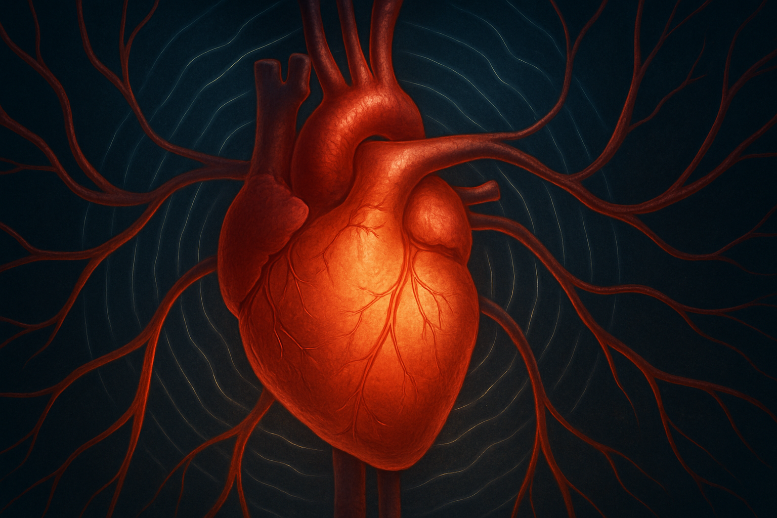 Beating human heart with detailed arteries and waves illustrating how blood pressure and blood flow are related