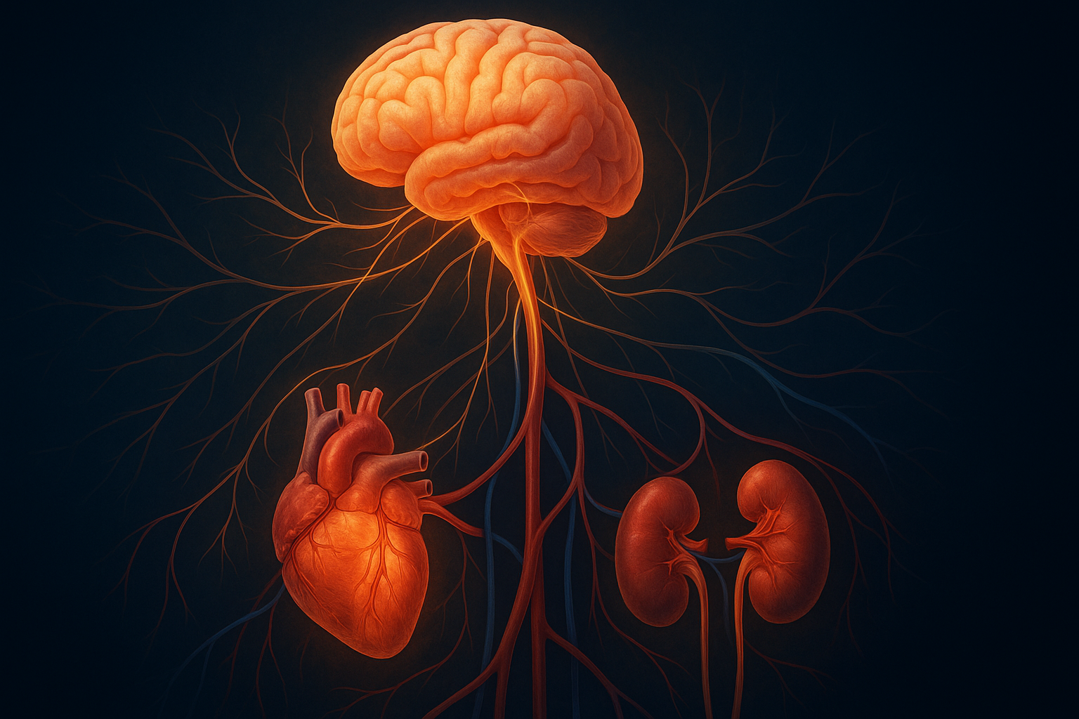 Realistic neural and hormonal network showing how blood pressure and blood flow are related, featuring a glowing brainstem, heart, and kidneys interconnected by vessels.
