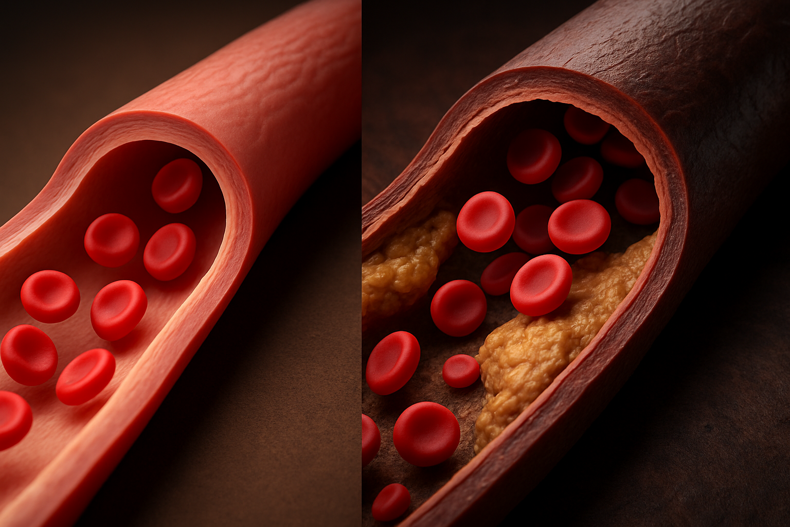 Split-scene illustration showing how blood pressure and blood flow are related, with healthy smooth arteries on one side and stiff, plaque-filled arteries on the other.