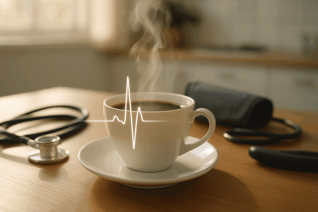 Steaming cup of black coffee on a kitchen table with a stethoscope and blood pressure cuff in the background, symbolizing how coffee affects blood pressure.