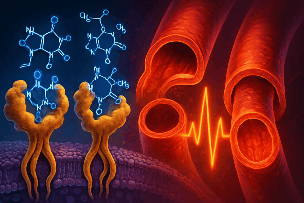 Caffeine molecules binding to adenosine receptors next to constricted blood vessels, illustrating how coffee affects blood pressure