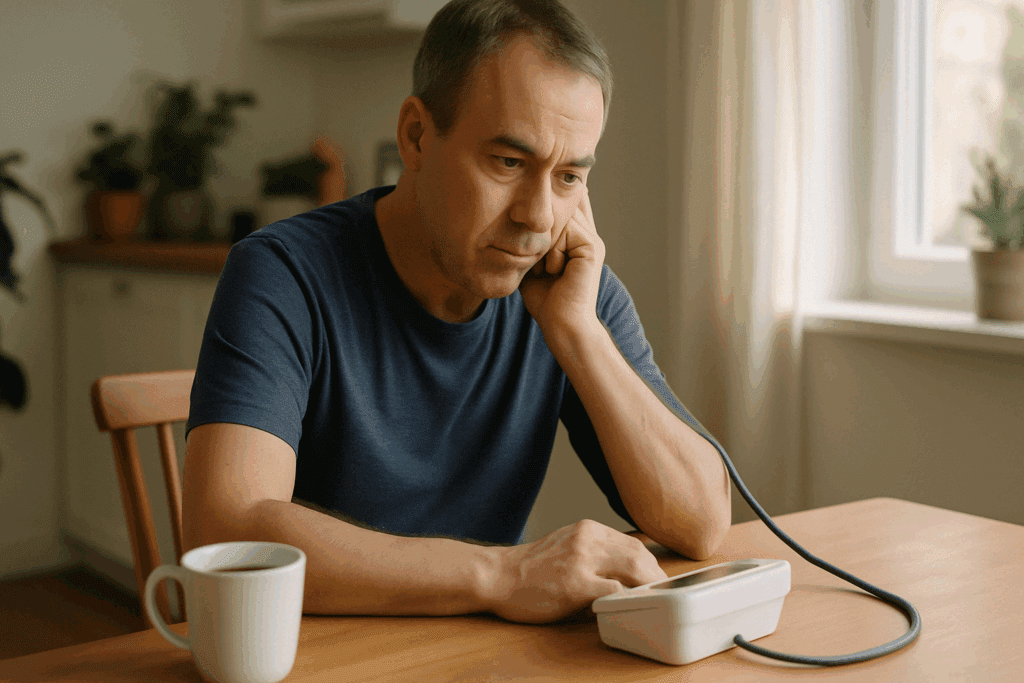 Middle-aged man checking his blood pressure with a digital monitor at home, coffee cup nearby, illustrating how coffee affects blood pressure.